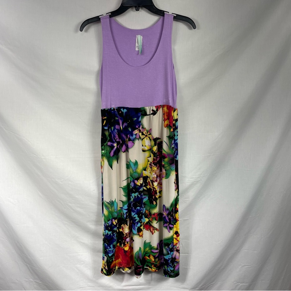 Bellamie Purple and Floral Scoop Neck Sleeveless Midi Sundress with Pockets
